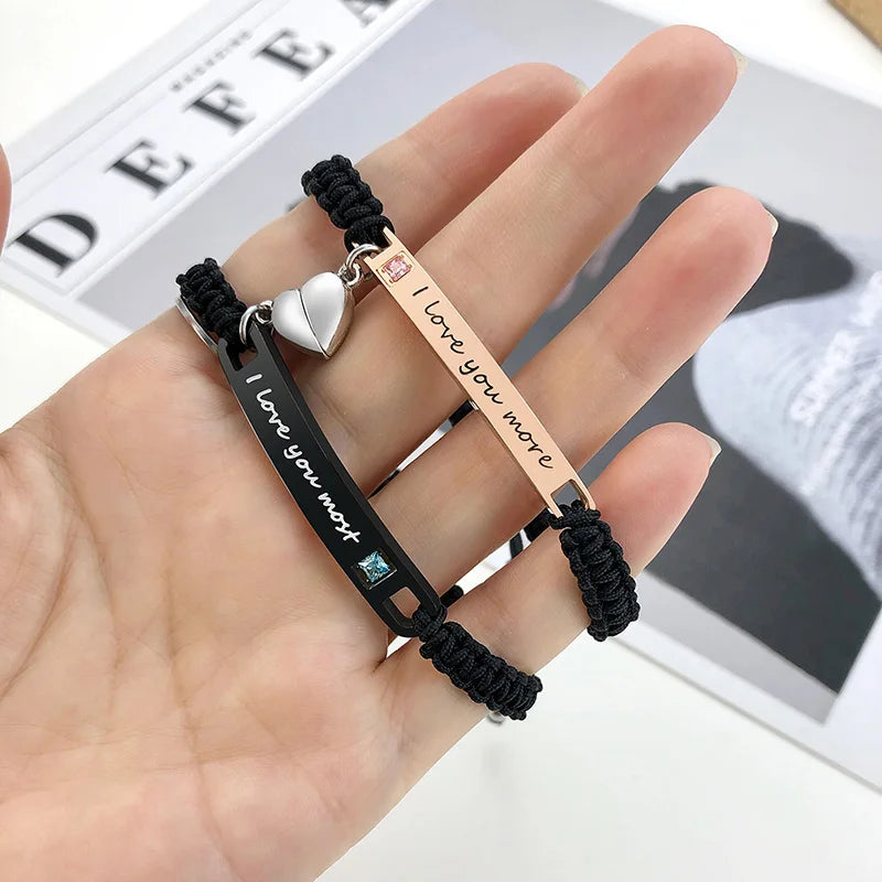 Couples Magnet Bracelets Handmade Braided Heart Shape Magnetic Bracelets, 2Pieces Set Rope Wristbands Anniversary Gift