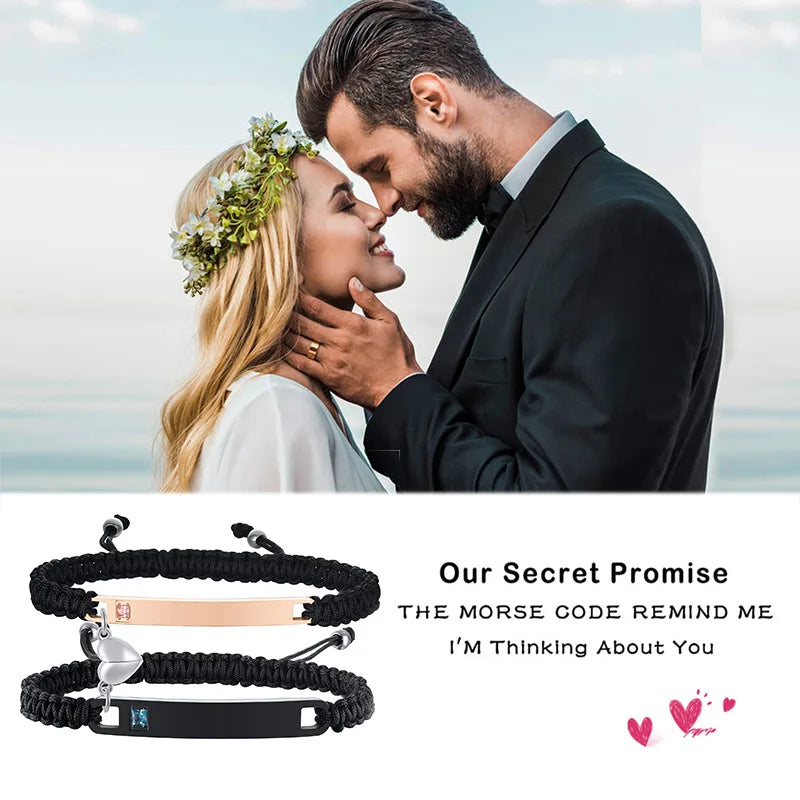 Couples Magnet Bracelets Handmade Braided Heart Shape Magnetic Bracelets, 2Pieces Set Rope Wristbands Anniversary Gift