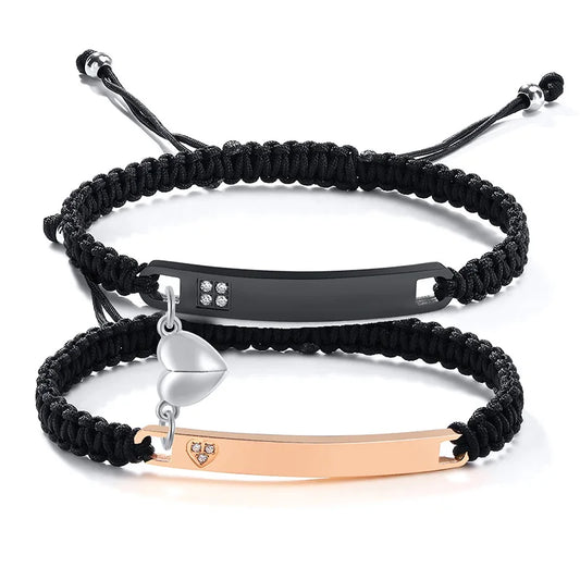 Couples Magnet Bracelets Handmade Braided Heart Shape Magnetic Bracelets, 2Pieces Set Rope Wristbands Anniversary Gift