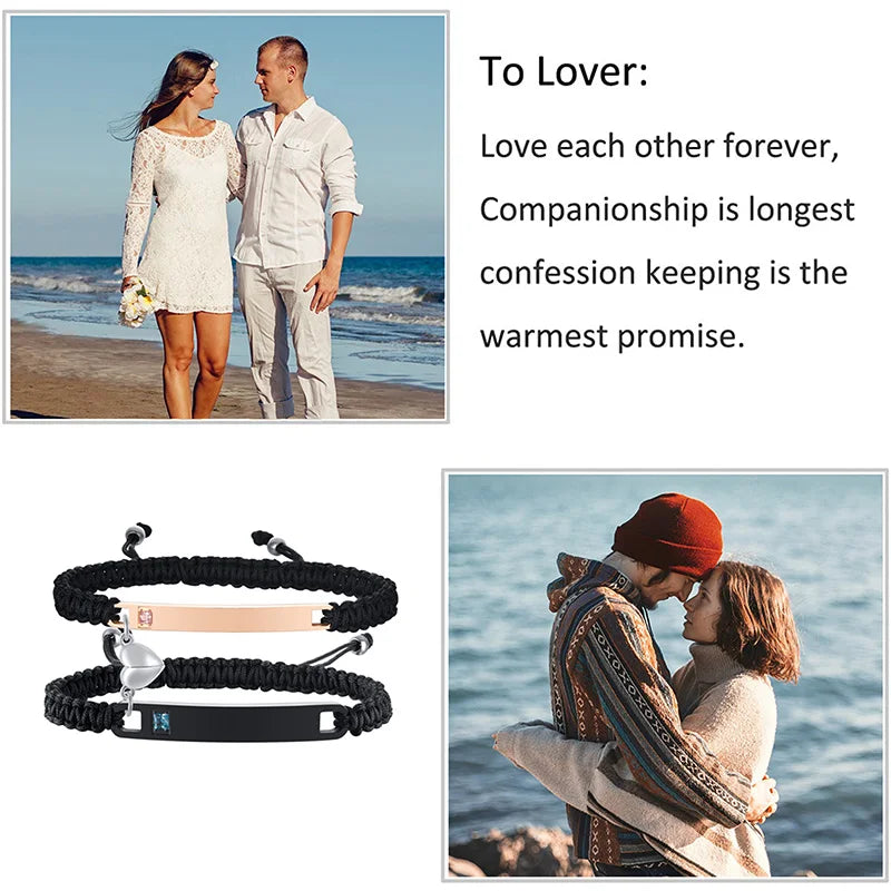 Couples Magnet Bracelets Handmade Braided Heart Shape Magnetic Bracelets, 2Pieces Set Rope Wristbands Anniversary Gift