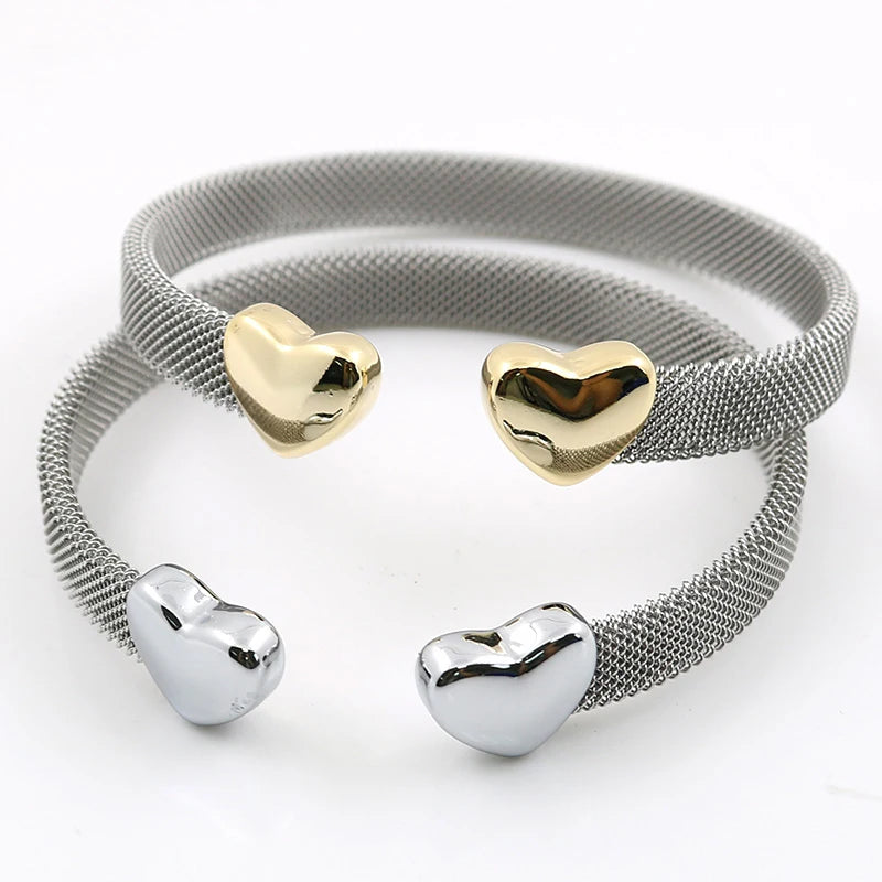 Vintage Stainless Steel Heart Cuff Bracelets Bangles Mesh Bracelets Bangles for Men Women Fashion Jewelry