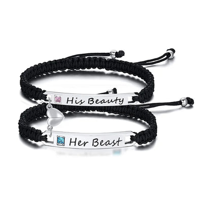 Couples Magnet Bracelets Handmade Braided Heart Shape Magnetic Bracelets, 2Pieces Set Rope Wristbands Anniversary Gift