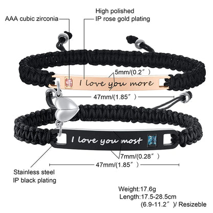 Couples Magnet Bracelets Handmade Braided Heart Shape Magnetic Bracelets, 2Pieces Set Rope Wristbands Anniversary Gift
