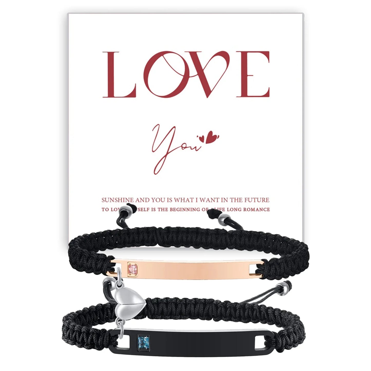 Couples Magnet Bracelets Handmade Braided Heart Shape Magnetic Bracelets, 2Pieces Set Rope Wristbands Anniversary Gift