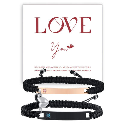 Couples Magnet Bracelets Handmade Braided Heart Shape Magnetic Bracelets, 2Pieces Set Rope Wristbands Anniversary Gift