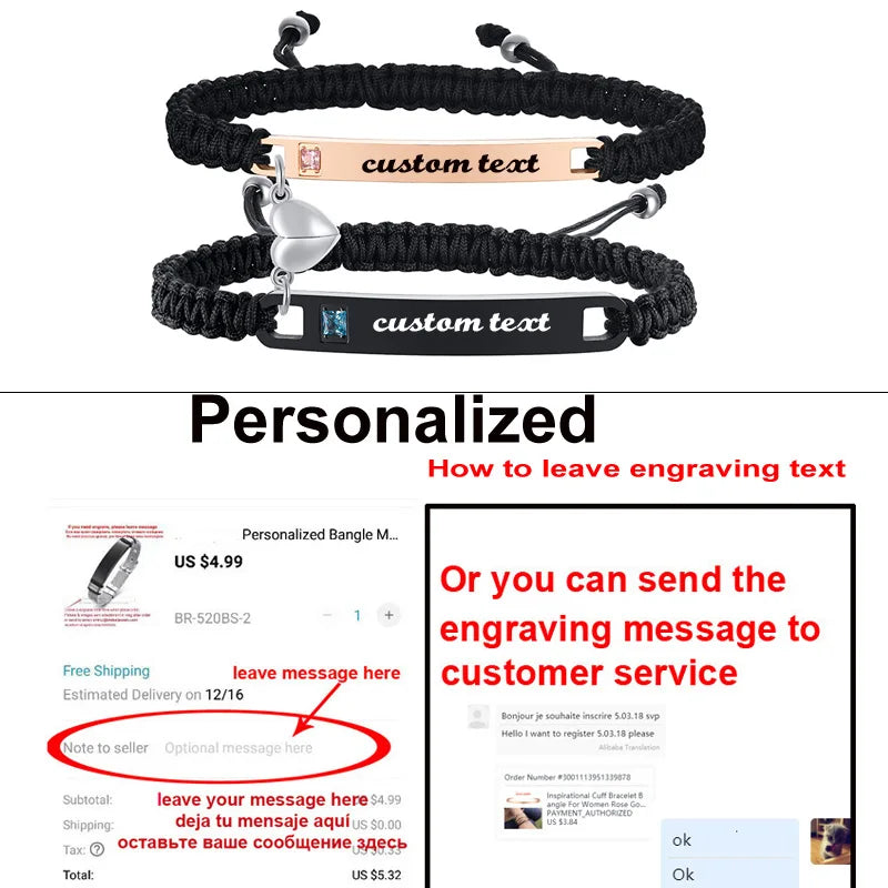 Couples Magnet Bracelets Handmade Braided Heart Shape Magnetic Bracelets, 2Pieces Set Rope Wristbands Anniversary Gift