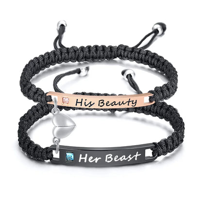 Couples Magnet Bracelets Handmade Braided Heart Shape Magnetic Bracelets, 2Pieces Set Rope Wristbands Anniversary Gift