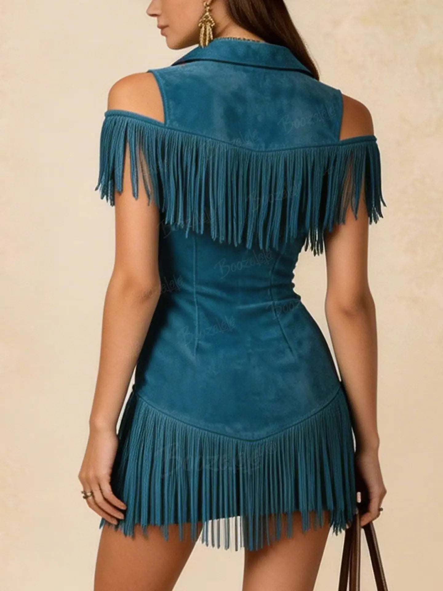 Women'S Western-Style Lapel Zipper Tassel Slim-Fit Casual Mini Dress