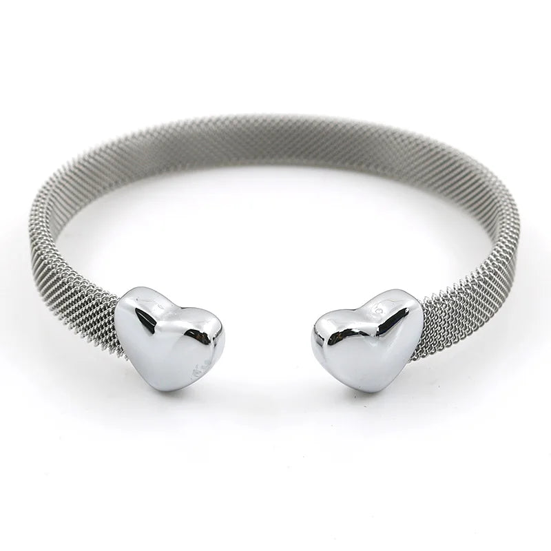 Vintage Stainless Steel Heart Cuff Bracelets Bangles Mesh Bracelets Bangles for Men Women Fashion Jewelry