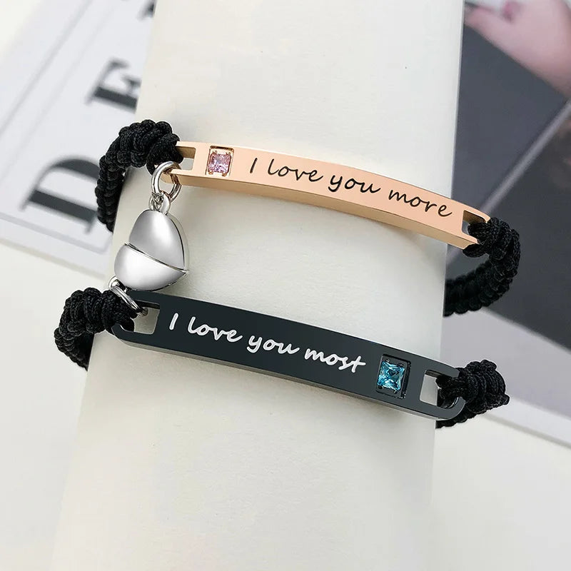 Couples Magnet Bracelets Handmade Braided Heart Shape Magnetic Bracelets, 2Pieces Set Rope Wristbands Anniversary Gift