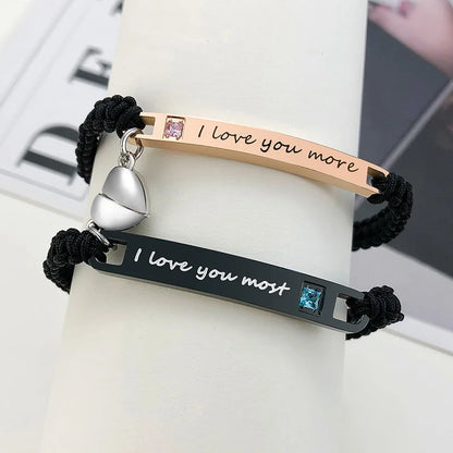 Couples Magnet Bracelets Handmade Braided Heart Shape Magnetic Bracelets, 2Pieces Set Rope Wristbands Anniversary Gift