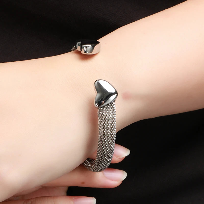 Vintage Stainless Steel Heart Cuff Bracelets Bangles Mesh Bracelets Bangles for Men Women Fashion Jewelry